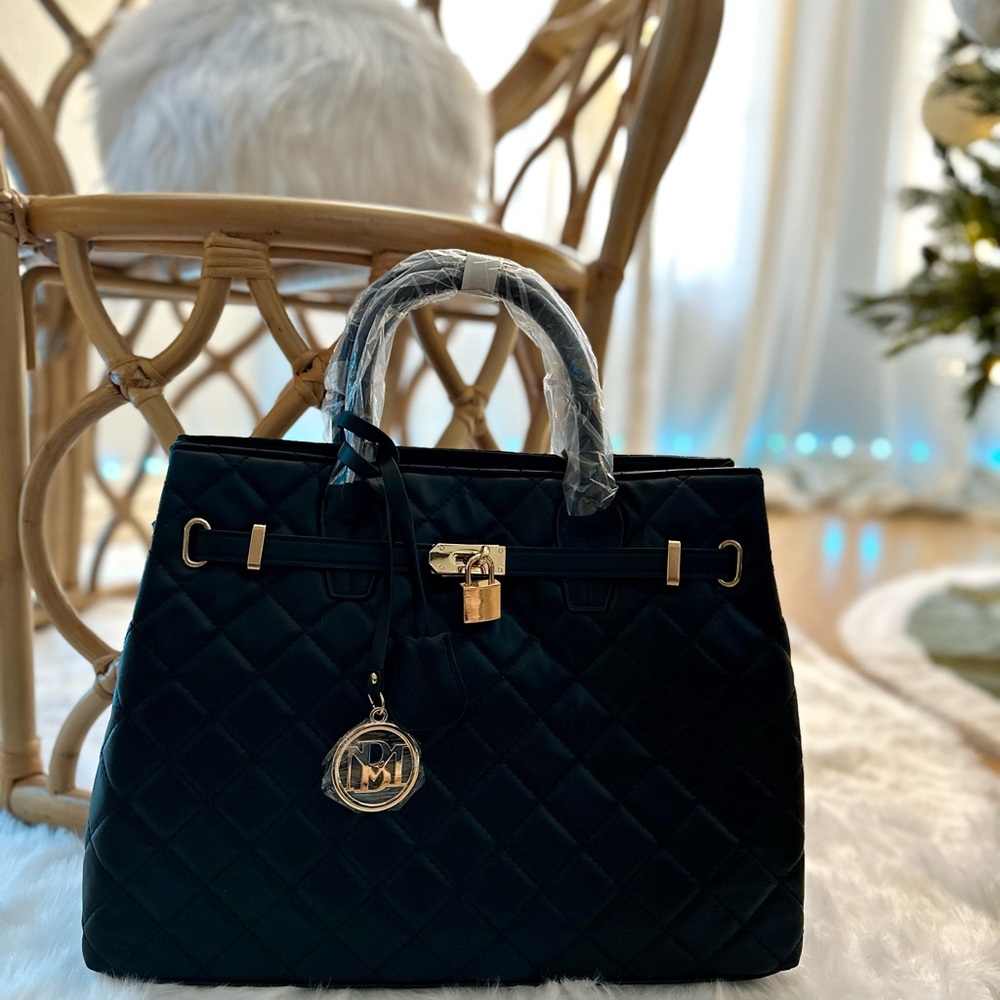 Badgley Mischka Black Quilted Satchel with Gold Accents